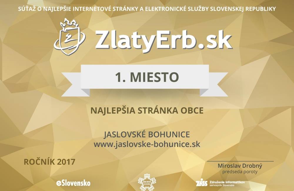 Foto: Obec Jaslovské Bohunice si odniesla Zlatý erb za najlepšiu webovú stránku obce na Slovensku