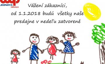 Obchody COOP Jednota v Trnavskom kraji podporujú rodiny - od 1. 1. 2018 budú vždy v nedeľu zatvorené