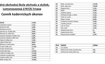 FOTO: Cenník služieb v kaderníctve na Lomonosovovej ulici
