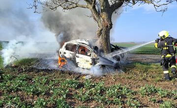 FOTO: Tragická nehoda pri Trnave. Auto narazilo do stromu, vodič v ňom uhorel